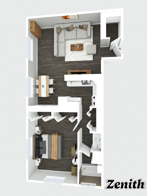 Floor plan for 1 bed, 1 bath, 765 sqft